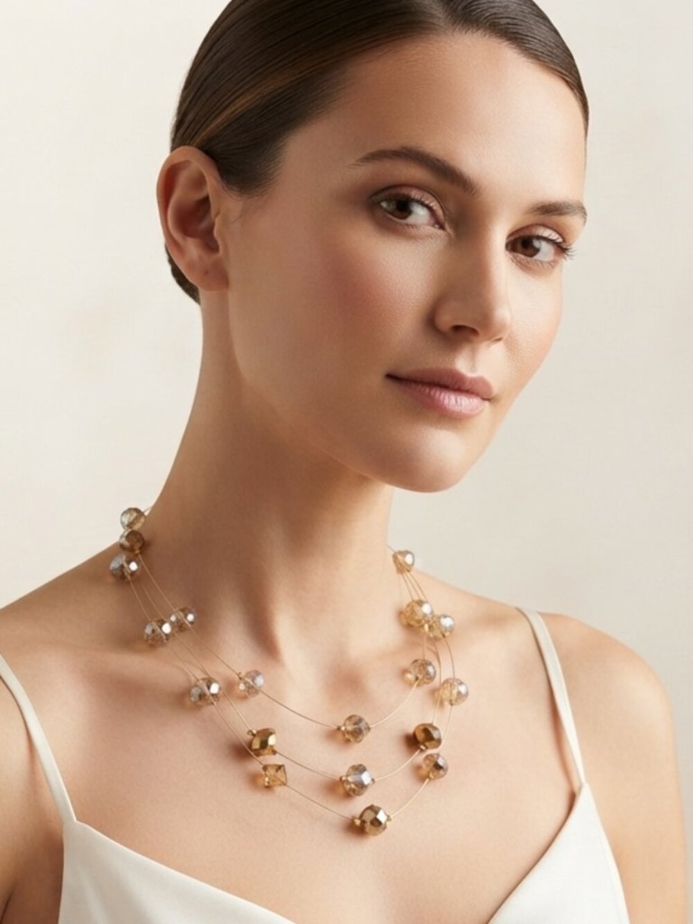 Multi-Strand Faceted Champagne Gold Beaded Illusion Necklace Gold-Tone Chain 18"